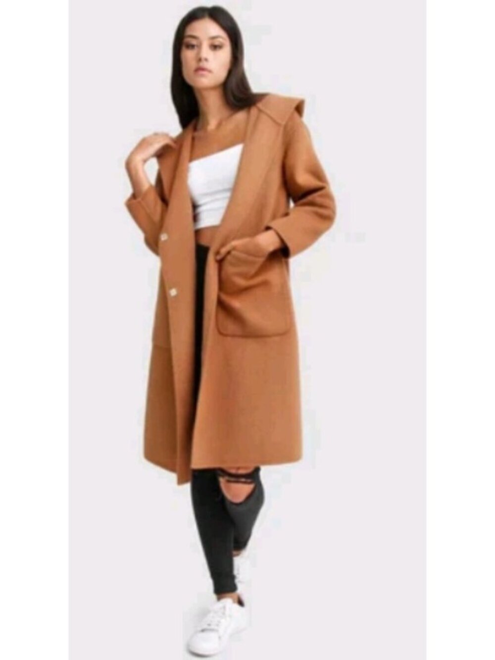 Belle & Bloom Hooded Wool Blend Coat Camel Brown Oversized Long Jacket AU Style